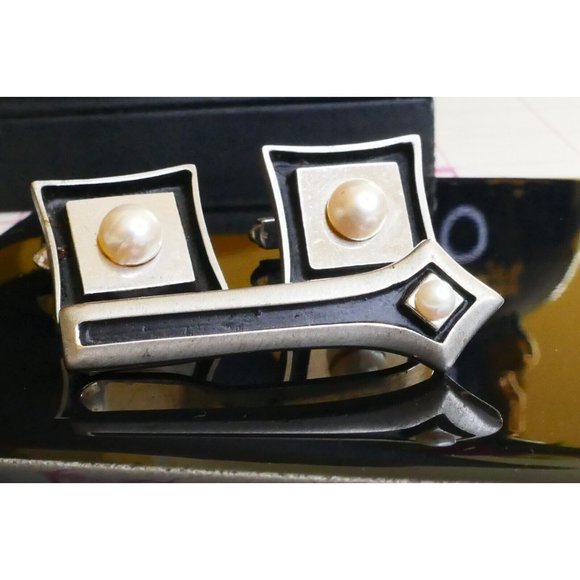 Moderniest MCM Sterling Silver & Pearl Jewelry Set Cufflinks Tie Bar Signed V - Picture 5 of 11